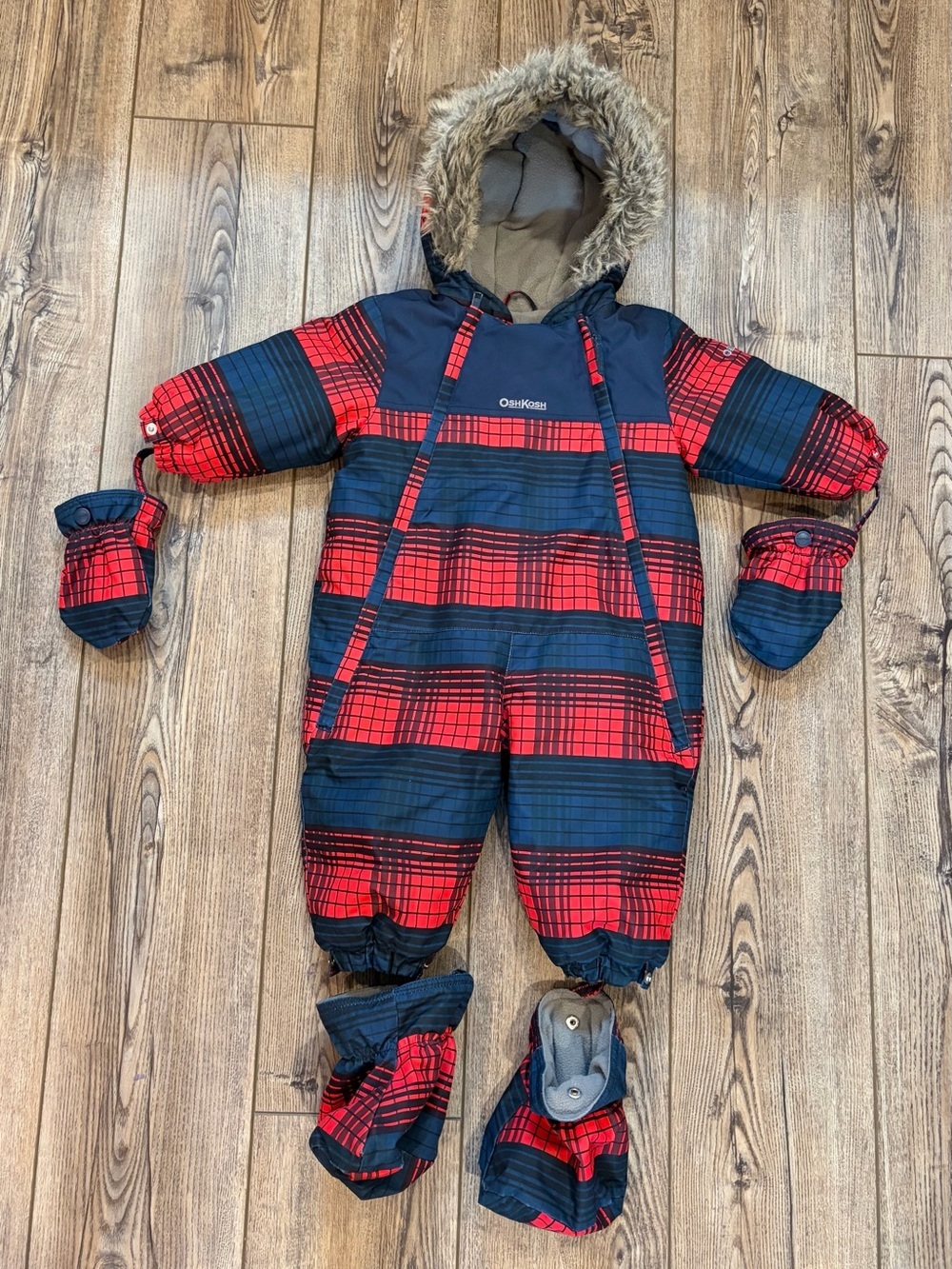 OshKosh B'gosh 12M Infant Snowsuit One Piece Hooded Plaid Mitts & Booties